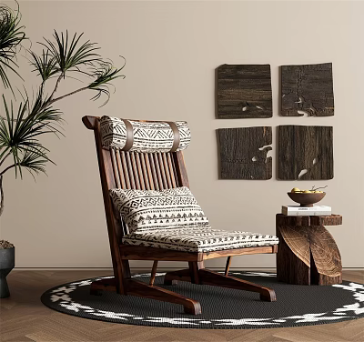Stylish Wooden Lounge Chair With Geometric Cushions Side Table Palm Plant And Wooden Wall Art 3d model
