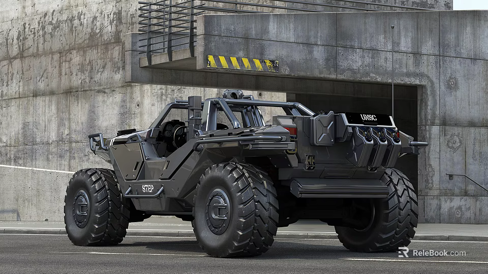 Black Rugged Off Road Vehicle With Large Tires Near Industrial Garage Entrance 3d model 