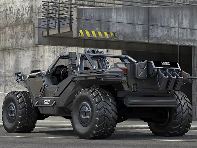 Black Rugged Off Road Vehicle With Large Tires Near Industrial Garage Entrance 3d model