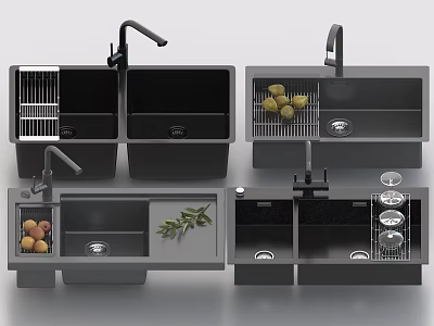 Modern Kitchen Sinks with Various Designs Drying Rack Fruits and Olive Branch 3d model