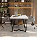 Stylish Dining Table Set with White Tabletop Black Legs Grey Chairs and Wooden Wall Decor