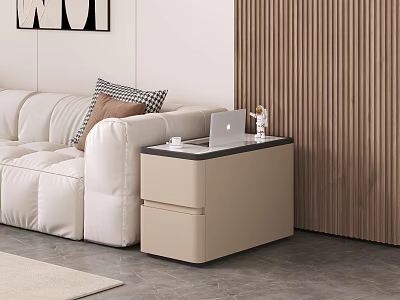 Modern Beige Entryway Side Cabinet Beside White Sofa With Laptop And Decor Items Wooden Wall 3d model