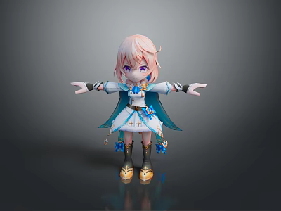 Cartoon Style Woman With Pink Hair Purple Eyes In Blue White Dress And Golden Shoes 3d model