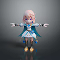 Cartoon Style Woman With Pink Hair Purple Eyes In Blue White Dress And Golden Shoes