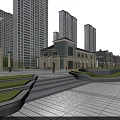 Riverside Commercial Street With Modern Buildings Pedestrian Walkway And Street Lamps At Sunset