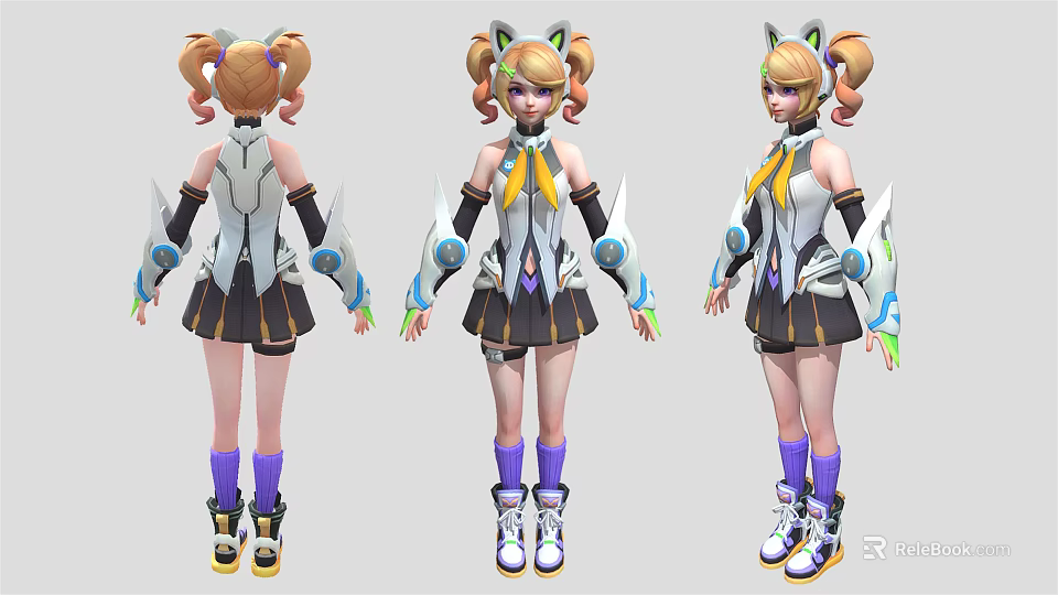 3D Futuristic Character Design With Twin Pigtails Animal Ears And Colorful Boots 3d model 
