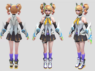 3D Futuristic Character Design With Twin Pigtails Animal Ears And Colorful Boots 3d model