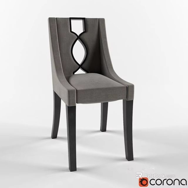 Modern Gray Fabric Dining Chair With Hollow Back Design And Black Wooden Legs 3d model 