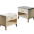 Modern Beige Nightstand With Marble Top Drawer Metal Handle Open Shelf And Slim Legs