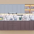 Gray Upper And Dark Brown Lower Kitchen Cabinets With Marble Countertop Appliances Lit Open Shelves