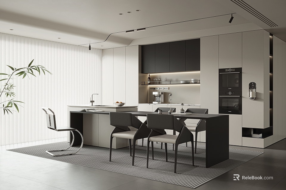 Modern Restaurant Interior With Black And White Cabinets Island Counter Chairs Plant And Blinds 3d model 