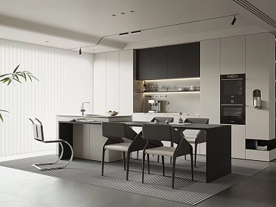 Modern Restaurant Interior With Black And White Cabinets Island Counter Chairs Plant And Blinds 3d model