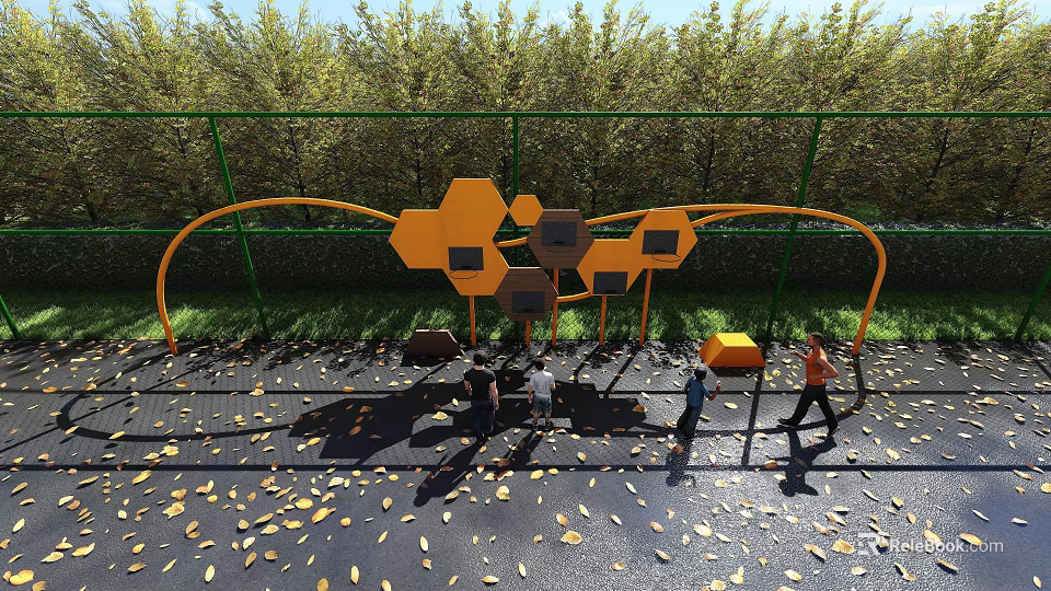 Outdoor Sports Equipment with Yellow Hexagonal and Orange Curved Structures in Park for Children Playing 3d model 