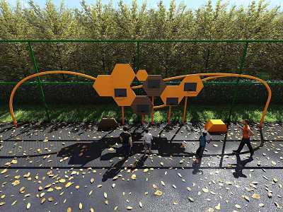 Outdoor Sports Equipment with Yellow Hexagonal and Orange Curved Structures in Park for Children Playing 3d model