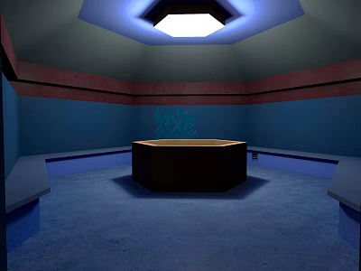 Cartoon Scene Indoor Space With Blue Walls Red Stripes Ceiling Light And Central Hexagonal Object 3d model