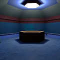 Cartoon Scene Indoor Space With Blue Walls Red Stripes Ceiling Light And Central Hexagonal Object