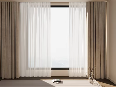 Sheer White And Beige Thick Curtains For Window In Bright Interior With Natural Light 3d model