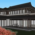 Detached Villa Featuring Traditional Roof Courtyard Pond Cherry Blossom Tree and Mountain View