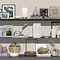 Modern Decorative Ornament Combination with Books Photo Frames Vases Globe and Fruit Bowl on Shelves