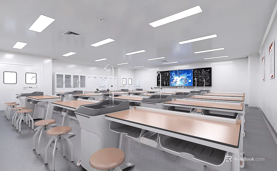 Modern Well Equipped Laboratory With Tables Stools And Smart Screens 3d model
