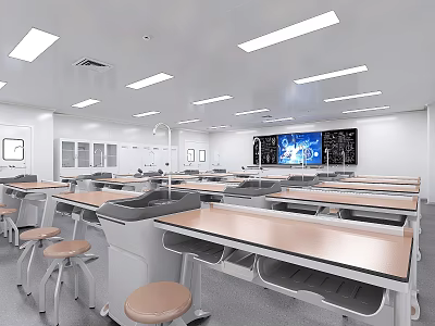 Modern Well Equipped Laboratory With Tables Stools And Smart Screens 3d model