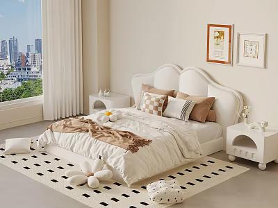 Modern Double Bed With White Headboard Pillows Brown Blanket Side Tables Checkered Rug City View 3d model