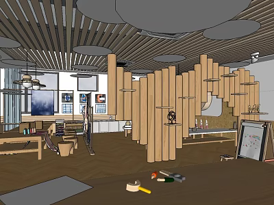 Modern Creative Studio Interior With Wooden Partitions Tables And Tools 3d model