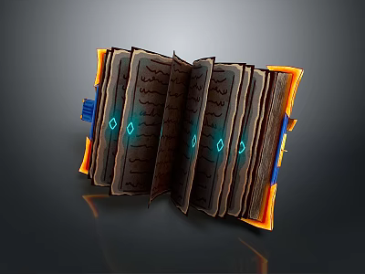 Open Lifestyle Essential Book Featuring Brown Pages Blue Glowing Symbols And Orange Blue Edges 3d model