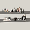 Stylish Perfume Cosmetics Display On Shelf With Various Bottles Makeup Brushes And Scented Products