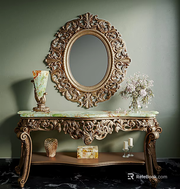Ornate Console Table With Carved Oval Mirror Green Wall And Decorative Items 3d model