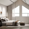 Modern Bedroom Interior With Bed Pillows Blanket Triangular Windows Curtains Mirror And Plant 3d model