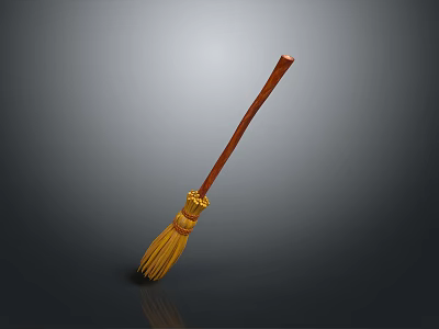 Household Broom With Wooden Handle Yellow Bristles And Golden Decoration 3d model