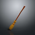 Household Broom With Wooden Handle Yellow Bristles And Golden Decoration