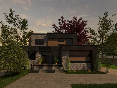 Modern Detached Villa Exterior Design With Stone Wood Facade Steps Trees And Plants 3d model