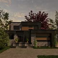 Modern Detached Villa Exterior Design With Stone Wood Facade Steps Trees And Plants
