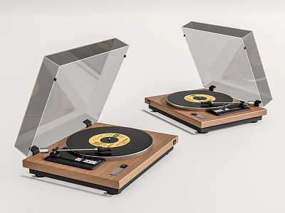Two Vintage Turntable Audio Systems with Transparent Dust Covers Wooden Base and Yellow Vinyl Labels 3d model