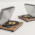 Two Vintage Turntable Audio Systems with Transparent Dust Covers Wooden Base and Yellow Vinyl Labels