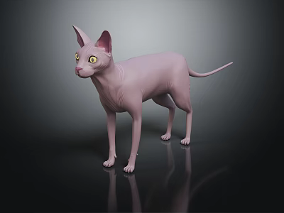 Hairless Pink Sphynx Cat with Yellow Eyes Large Ears Standing on Black Background with Reflection 3d model
