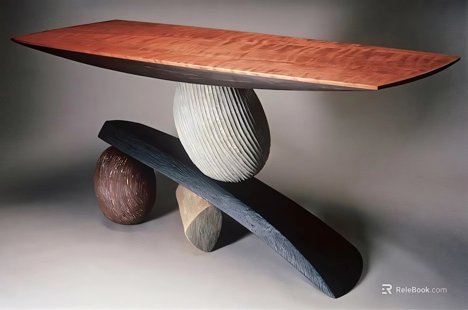 Modern Bar Counter With Curved Wooden Top And Sculptural Stone Sphere Supports 3d model 
