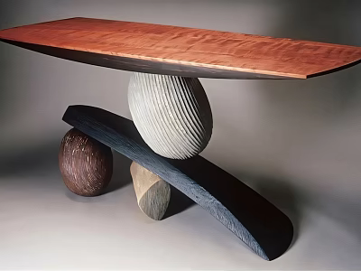 Modern Bar Counter With Curved Wooden Top And Sculptural Stone Sphere Supports 3d model