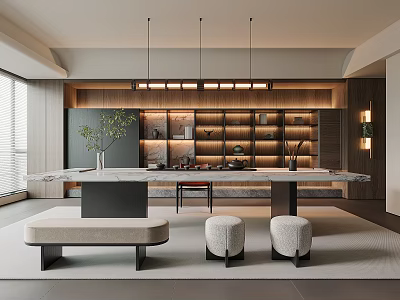 Modern Tea Room Interior Design With Wooden Shelves Long Table And Hanging Lights 3d model