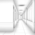 Office Corridor With White Walls Blue Waistline Long Windows Shiny Floor And Lighting
