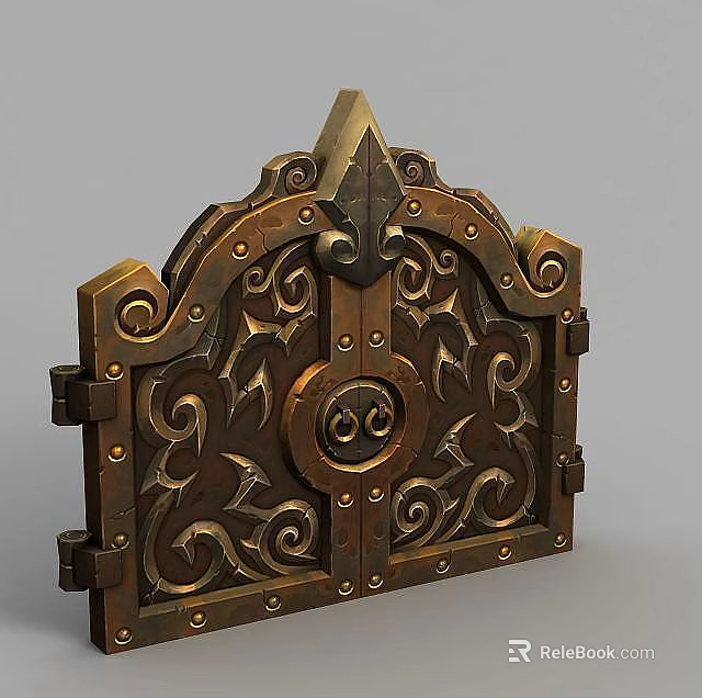 Tech Exhibition Hall Displaying Ornate Metal Door With Intricate Carvings And Decorative Patterns 3d model 