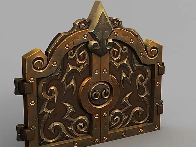 Tech Exhibition Hall Displaying Ornate Metal Door With Intricate Carvings And Decorative Patterns 3d model