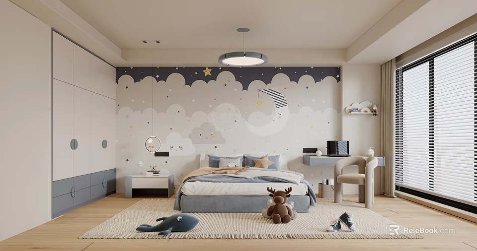 Kids Room Interior Design With Cloud Star Wall Decor Bed Desk Rug And Plush Toys 3d model 
