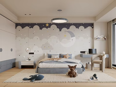 Kids Room Interior Design With Cloud Star Wall Decor Bed Desk Rug And Plush Toys 3d model