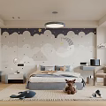 Kids Room Interior Design With Cloud Star Wall Decor Bed Desk Rug And Plush Toys