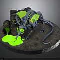 Metallic Cyber Rat With Glowing Green Eyes And Oil Drums Leaking Green Liquid