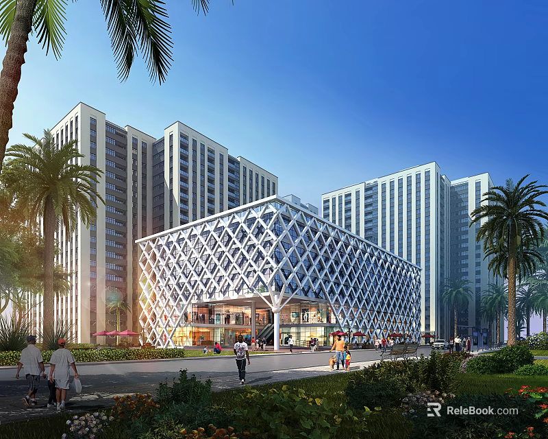 Modern Commercial Complex Featuring Geometric Facade Sunlit Pedestrian Area And Greenery 3d model
