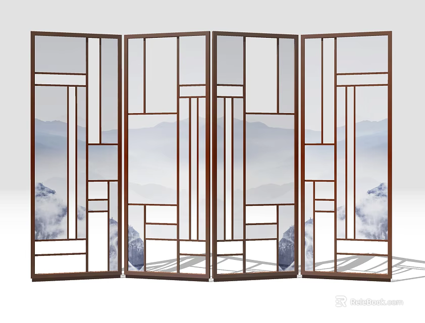 Chinese Style Four Panel Folding Screen With Wooden Frame And Mountain Water Pattern 3d model